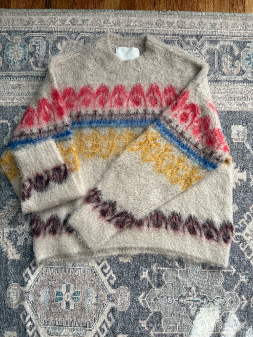 Isabel Marant Ivory Crewneck Sweater with Red, Yellow and Blue Accents